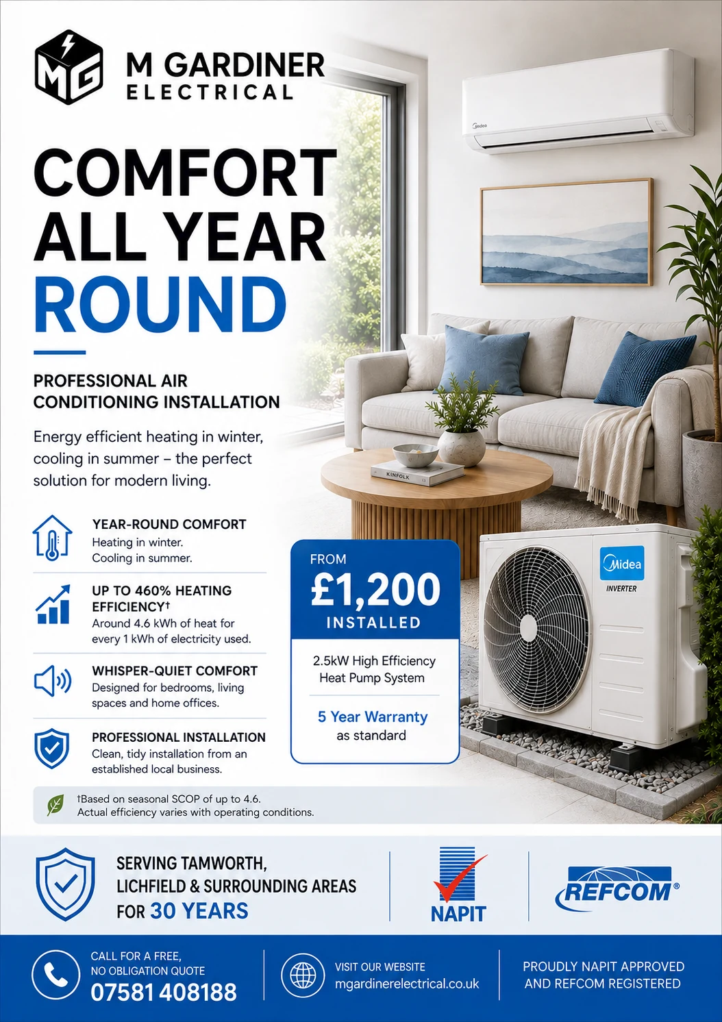 M Gardiner Electrical air conditioning leaflet showing a split system for year-round comfort